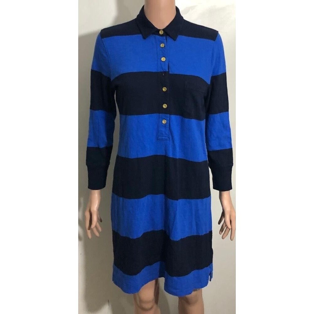 J.Crew Women's 100% Cotton Long Sleeve Navy/Royal  Blue Striped Polo Dress Sz M
